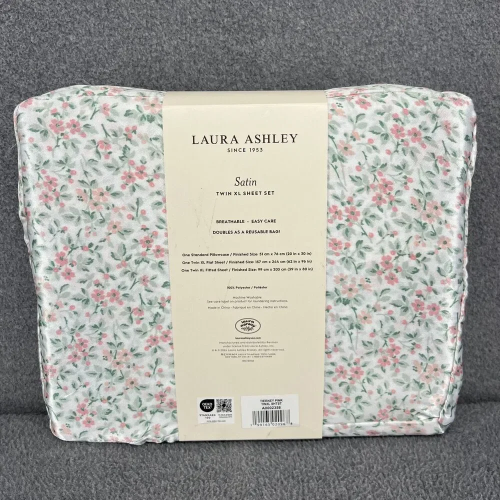 Laura Ashley Satin Sheet Set XL Twin Pink‎ Green Floral Tierney cottage country